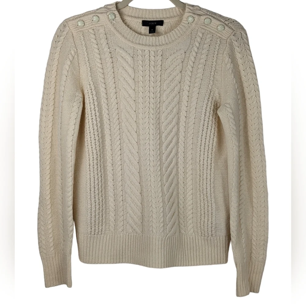 J.Crew 100% Wool Cream Cable Knit Sweater XS Button Shoulder Classic